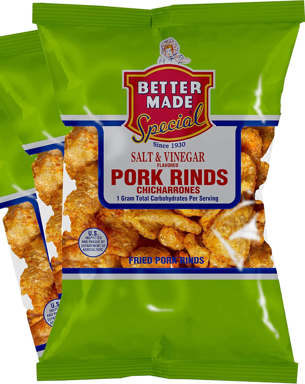 Better Made Salt & Vinegar Flavored Pork Rinds Chicharrones - 8-Pack - 2.5oz Bags - 1g Carbs - Keto Friendly - Flavored Crispy Snacks, Family Owned Since 1930 - Lunch