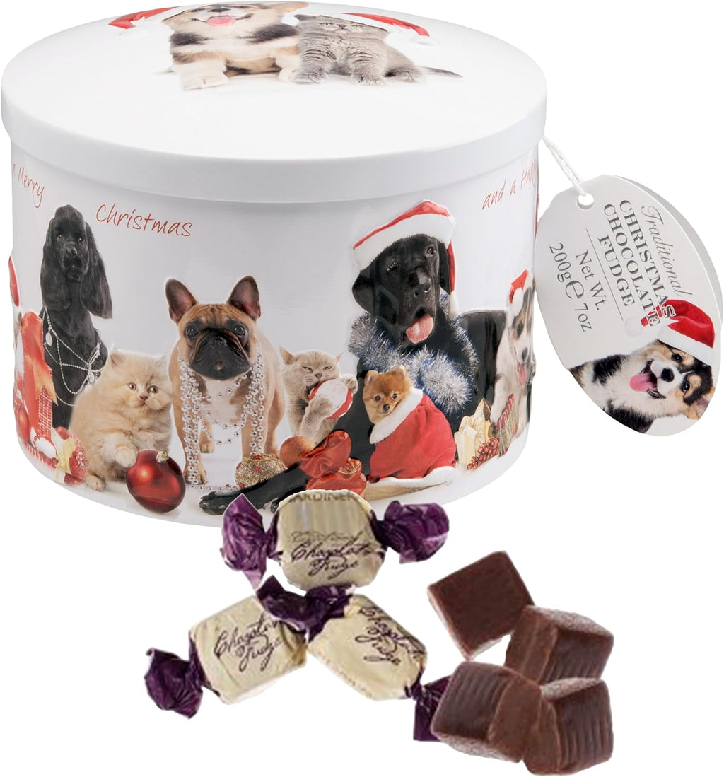 Gardiners of Scotland Handmade Fudge, Christmas Cats & Dogs Chocolate Fudge 7 Ounce Round Tin