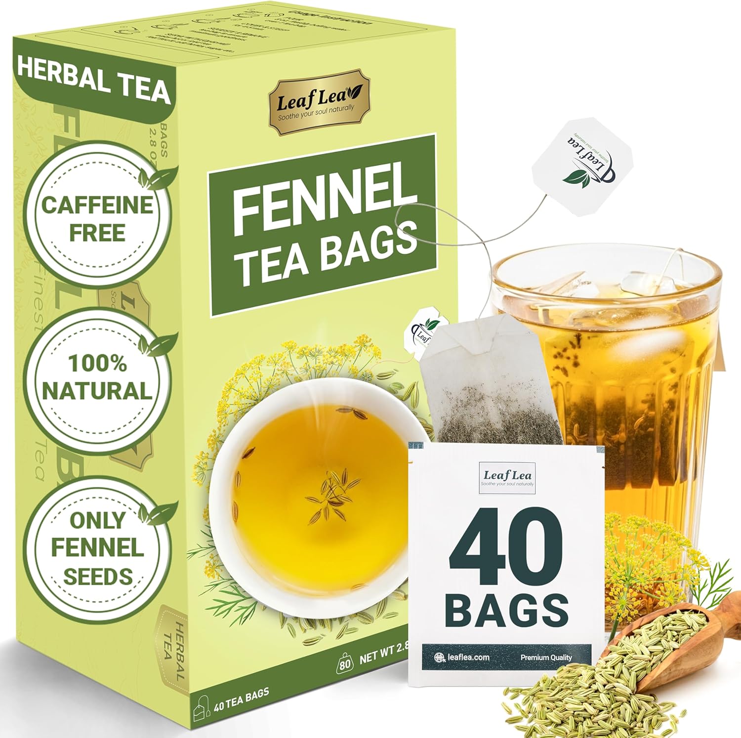 LeafLea 40 Fennel Tea Bags, 100% Natural & Pure Fennel Seed Tea, Gentle Digestion & Fresh Breath, Mild Sweet Finish, Caffeine-Free, Sugar-Free, Vegan, Non-GMO, Individually Wrapped