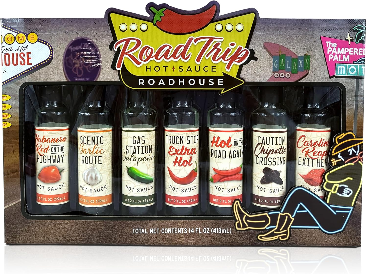Roadhouse Road Trip 7 Pack – Gourmet Hot Sauce Variety Pack with Habanero, Chipotle, Jalapeño & Ghost Pepper Flavors – Perfect Hot Sauce Gift Sets for Spicy Food Lovers