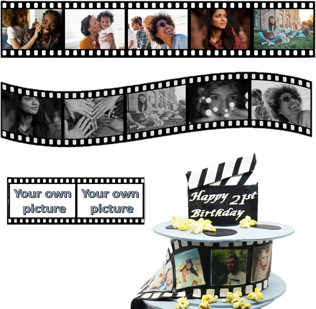 Edible photo film cake strip, collage topper retro booth reel for cake decoration. Custom edible image.Rolls Filmstrip Tape Movie Cinematic Birthday