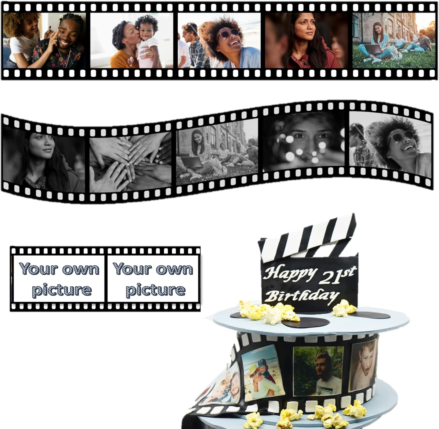 Edible photo film cake strip, collage topper retro booth reel for cake decoration. Custom edible image.Rolls Filmstrip Tape Movie Cinematic Birthday