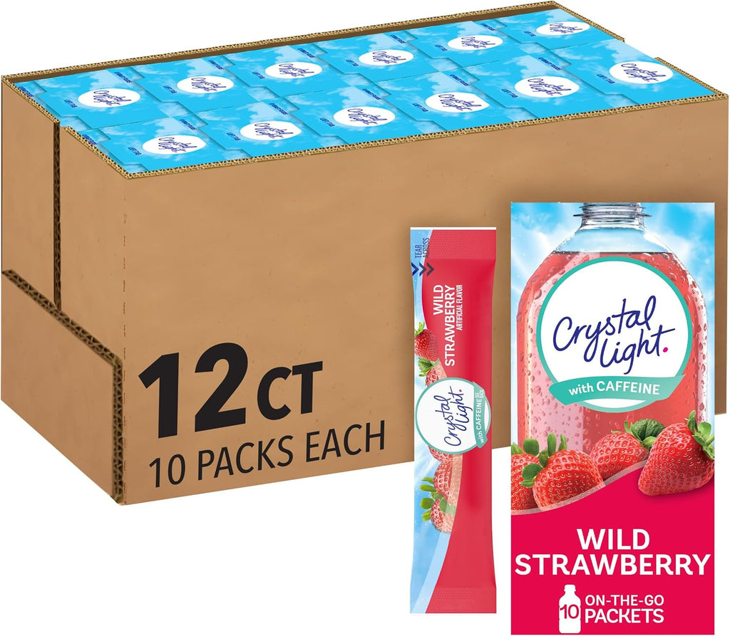 Crystal Light Wild Strawberry Artificially Flavored Powdered Drink Mix with Caffeine, 120 ct Pack, 12 Boxes of 10 On-the-Go-Packets
