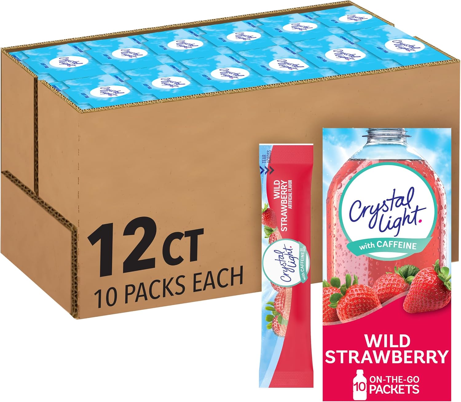 Crystal Light Wild Strawberry Artificially Flavored Powdered Drink Mix with Caffeine, 120 ct Pack, 12 Boxes of 10 On-the-Go-Packets