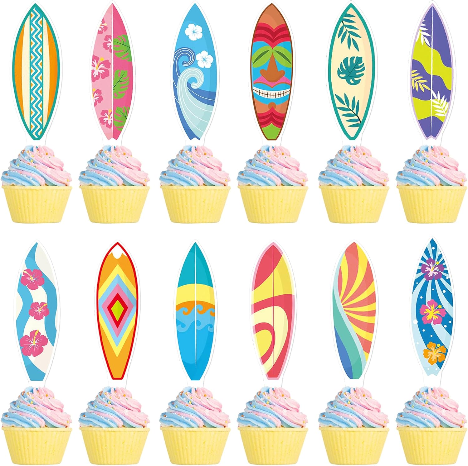 Ercadio 36Pcs Surfboard Cupcake Toppers Surfboard Beach Cake Decorations Picks Surfboard Mini Accents for Swimming Pool Summer Beach Party Luau Birthday Baby Shower Party Supplies