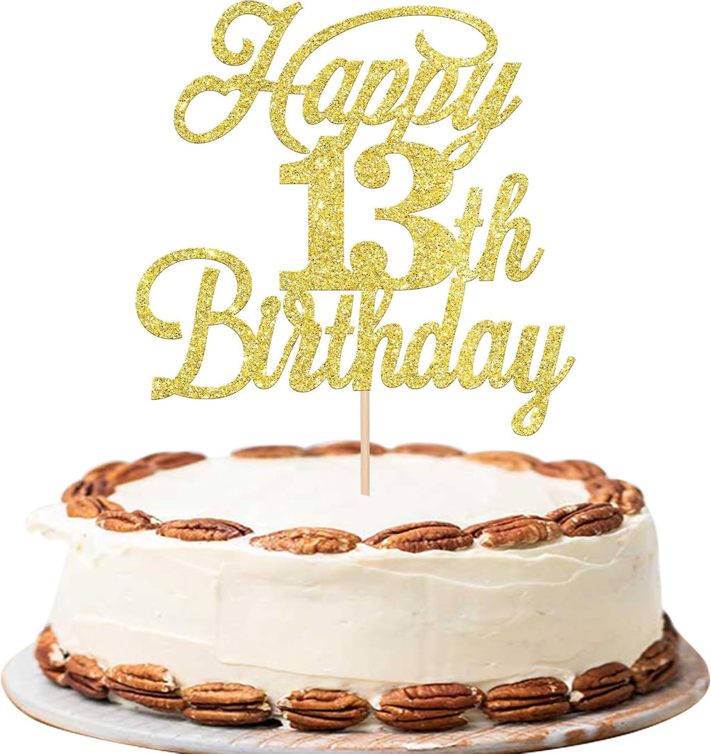 Rsstarxi 1 Pack Happy 13th Birthday Cake Topper Glitter 13 & Fabulous Cheers to 13 Years Old Birthday Cake Pick for Celebrating 13th Birthday Anniversary Party Cake Decorations Supplies Gold