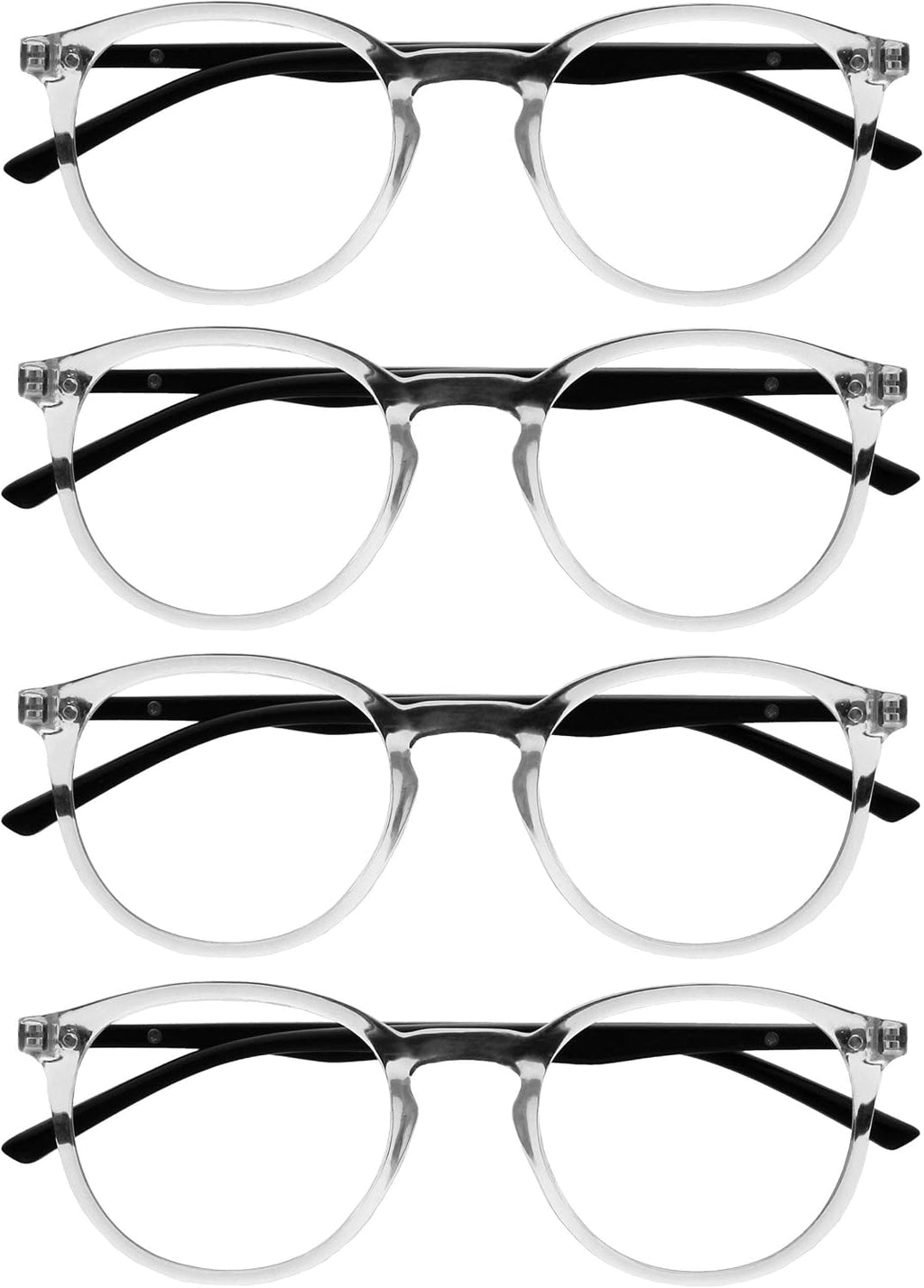 OPULIZE MET Reading Glasses for Women Men, Slim Round Frame with Spring Hinges and Scratch Resistant, Clear +1 (Pack of 4)