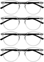 OPULIZE MET Reading Glasses for Women Men, Slim Round Frame with Spring Hinges and Scratch Resistant, Clear +1 (Pack of 4)