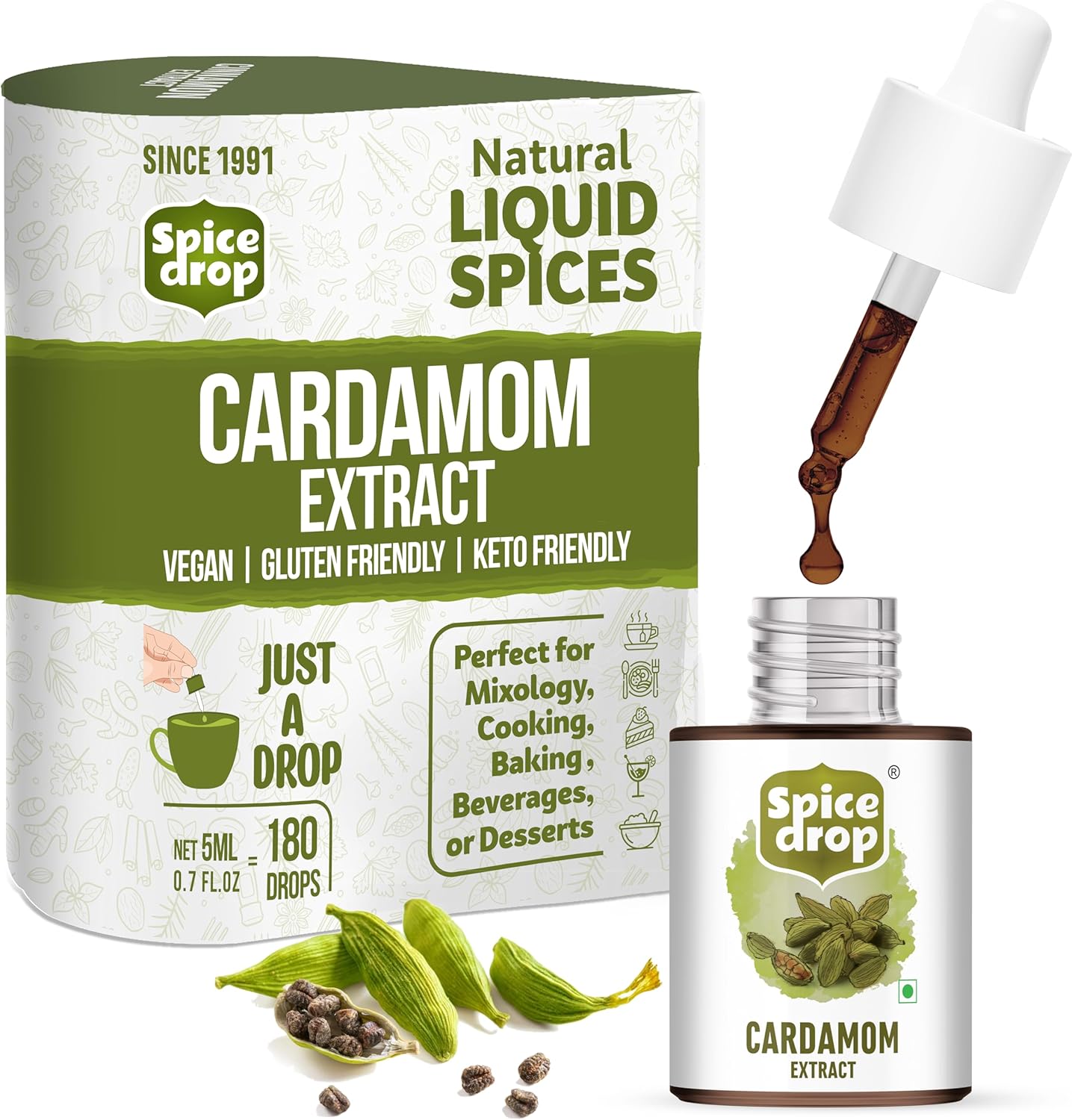 Spice Drop Cardamom Extract - Up to 180 Drops Per Bottle | Tea, Coffee, Cooking, Baking, Dessert | Pure Whole Green Cardamom Pod Extract | No Added Color or Preservative | Vegan (0.17oz, Pack of 1)