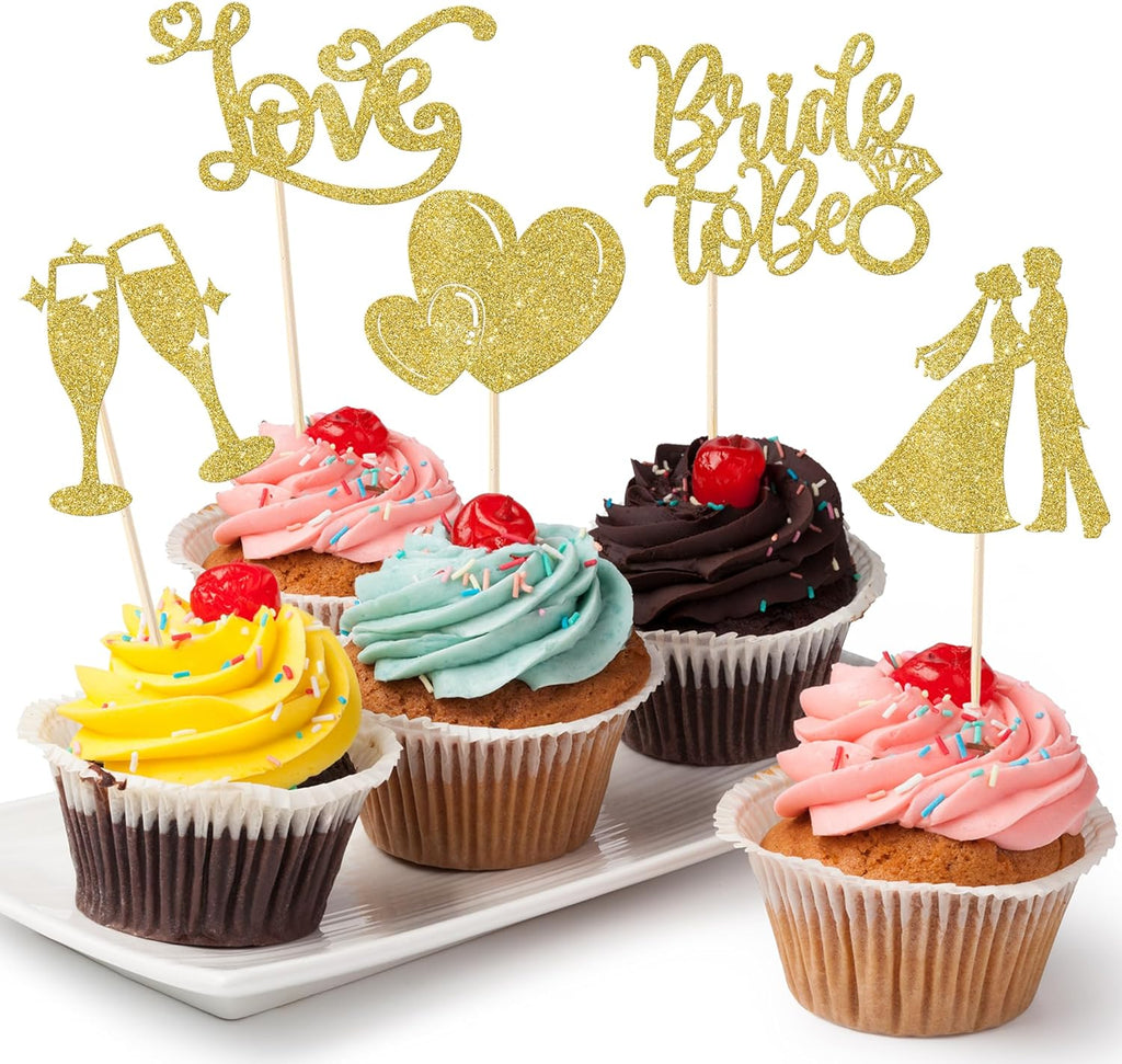 Rsstarxi 30 Pack Bridal Shower Cupcake Toppers Bride to Be Cupcake Toppers Glitter Love Heart Ring Bride and Groom Cupcake Picks for Wedding Engagement Bachelorette Party Decorations Gold