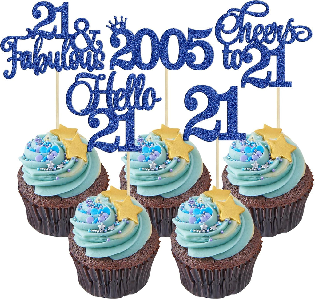 Gyufise 30Pcs 21st Birthday Cupcake Toppers Hello 21 Cupcake Picks 2005 Cake Toppers for Happy 21st Birthday Anniversary Party Cake Decorations Supplies Blue