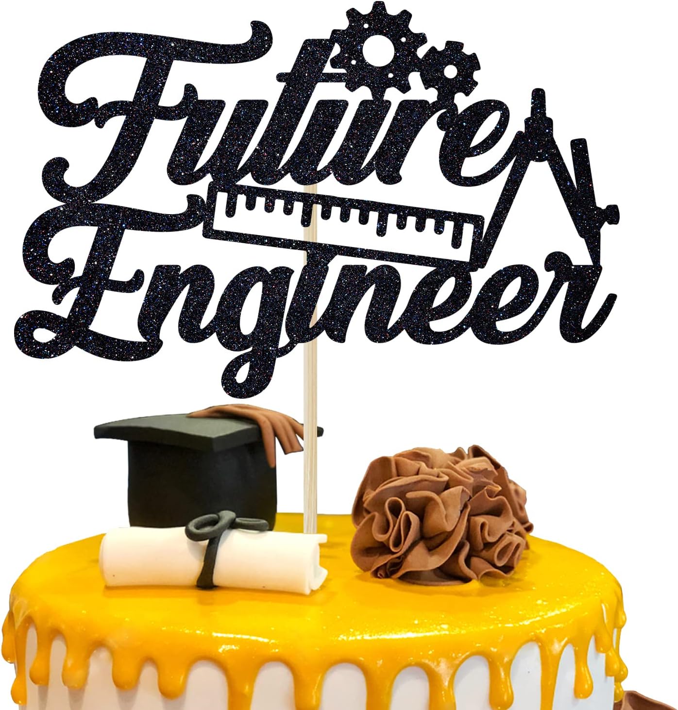 Future Engineer Cake Topper - Congrats Engineer/Look at you Becoming an Engineer Graduation Cake Decor - Class of 2026 College Engineering Graduate Party Supplies, Black Glitter