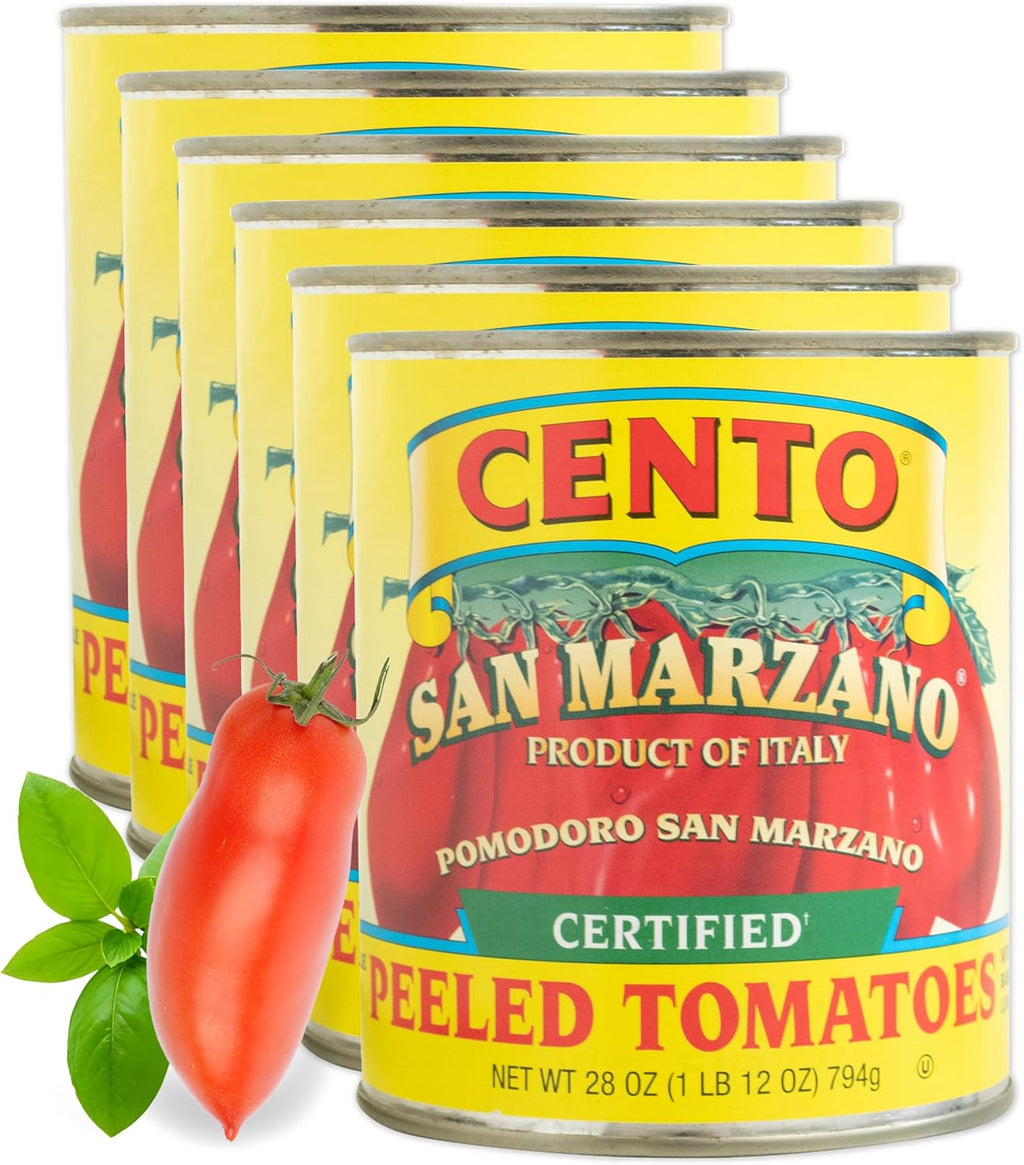 Cento Certified San Marzano Whole Peeled Tomatoes, 28 Oz (Pack of 6), Canned Plum Tomatoes in Thick Puree with Basil, Grown and Processed in Italy