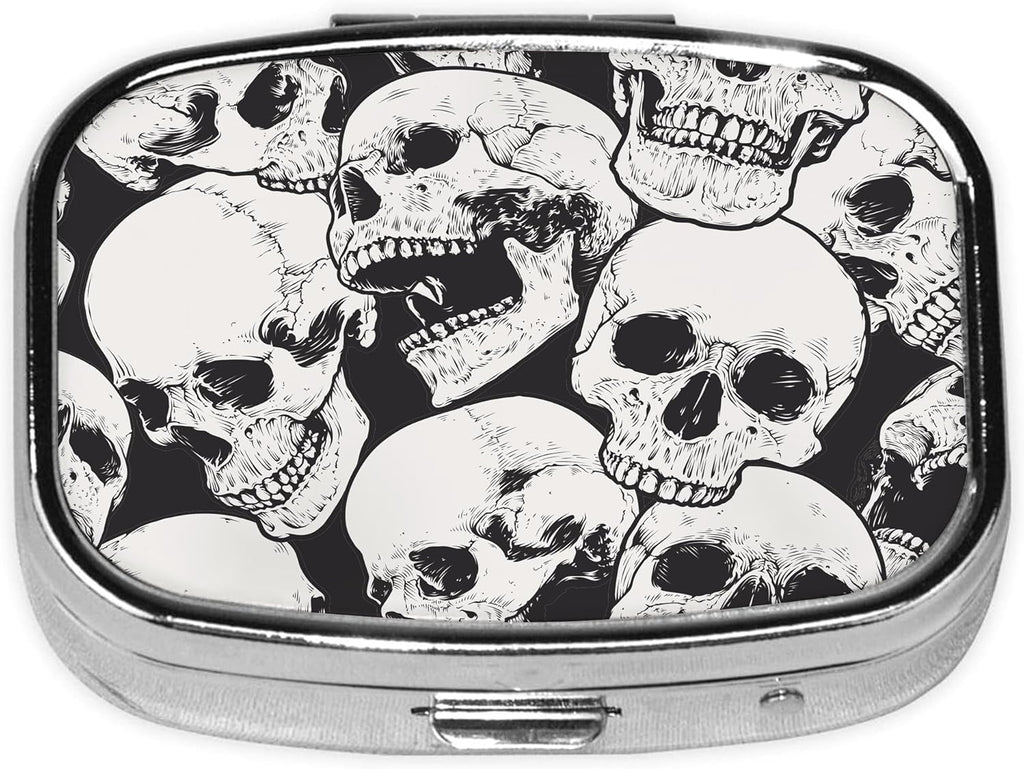 Pill Box-2 Compartment Small Pill Case Square Organizer Case with Mirror Portable Metal Medicine Box Travel Container for Pocket & Purse Women Men（Halloween Skull）