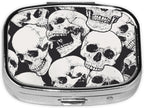 Pill Box-2 Compartment Small Pill Case Square Organizer Case with Mirror Portable Metal Medicine Box Travel Container for Pocket & Purse Women Men（Halloween Skull）