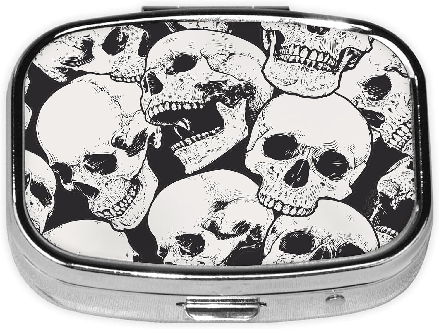 Pill Box-2 Compartment Small Pill Case Square Organizer Case with Mirror Portable Metal Medicine Box Travel Container for Pocket & Purse Women Men（Halloween Skull）