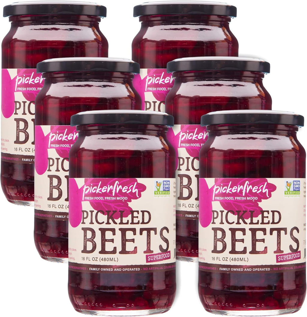 Pickerfresh Pickled Beets | Crinkle Cut Sliced Beetroot | Simple Natural Ingredients | Non-GMO, No Artificial Color & No Preservatives | 16 oz (6 Pack)