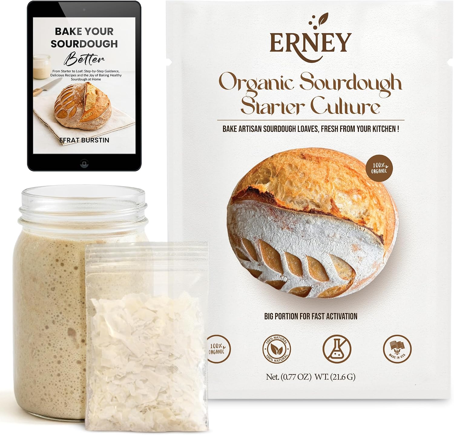 ERNEY Dehydrated Sourdough Starter for Bread Making - Perfect Rise Organic Sourdough Bread Flour with Instruction - Versatile Homemade Pastry Flour Perfect for Artisan Loaf Pizza Muffins - 1 pack