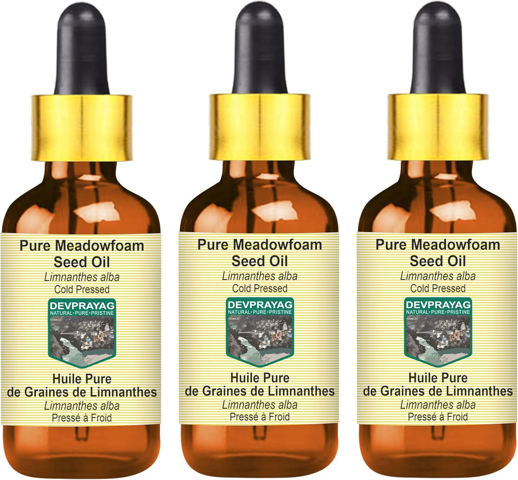 Pure Meadowfoam Seed Oil (Limnanthes alba) with Glass Dropper Cold Pressed (Pack of three) 100ml X 3 (10 oz)