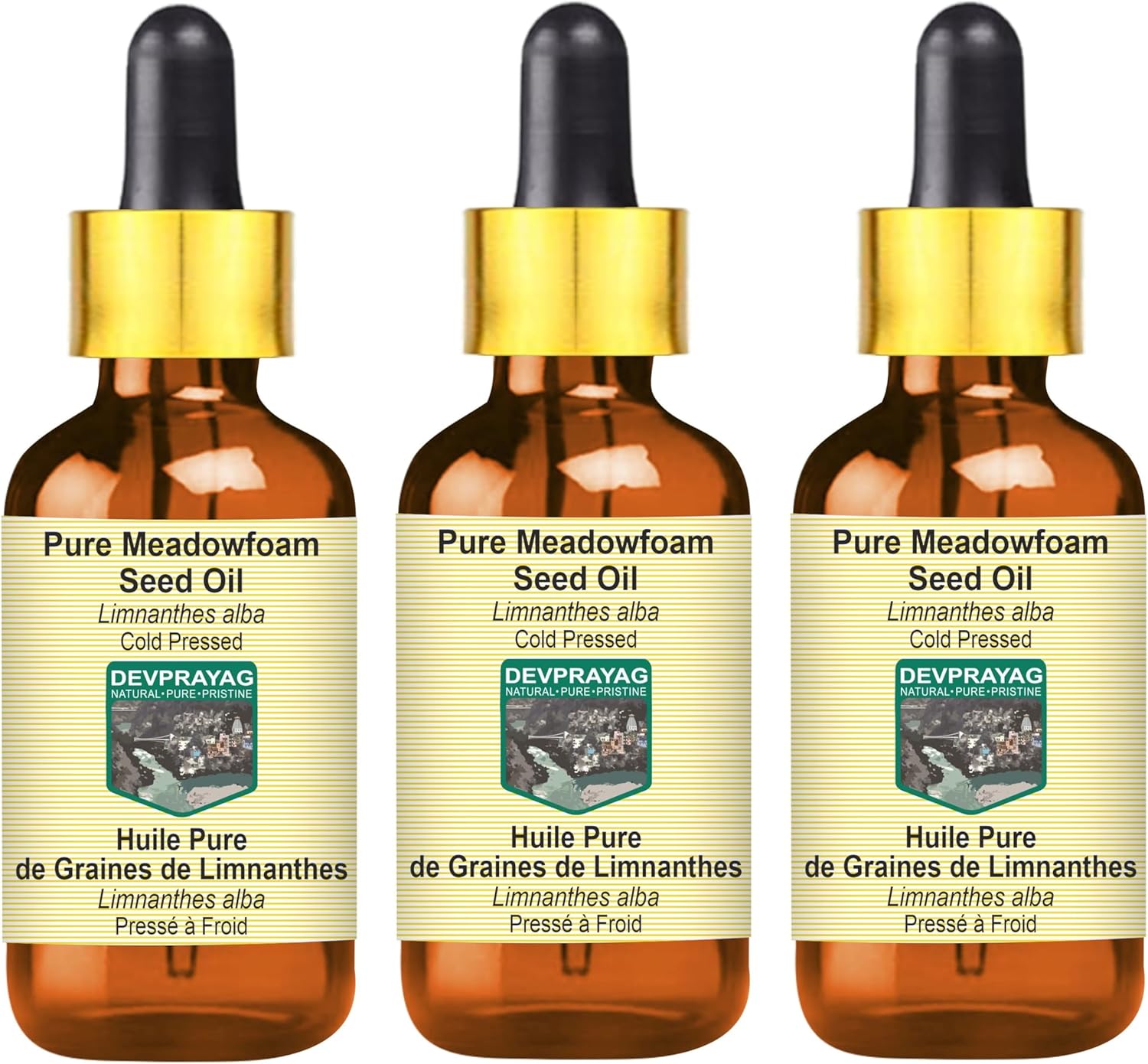 Pure Meadowfoam Seed Oil (Limnanthes alba) with Glass Dropper Cold Pressed (Pack of three) 100ml X 3 (10 oz)