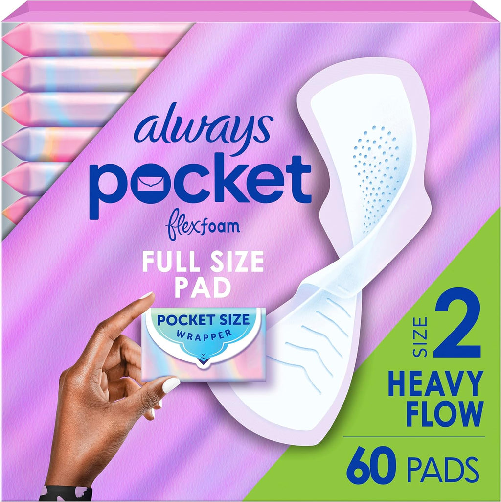 Always Pocket Feminine Pads with FlexFoam, Size 2, Heavy Flow, with Wings, Unscented, 60 Count (3 Packs of 20)