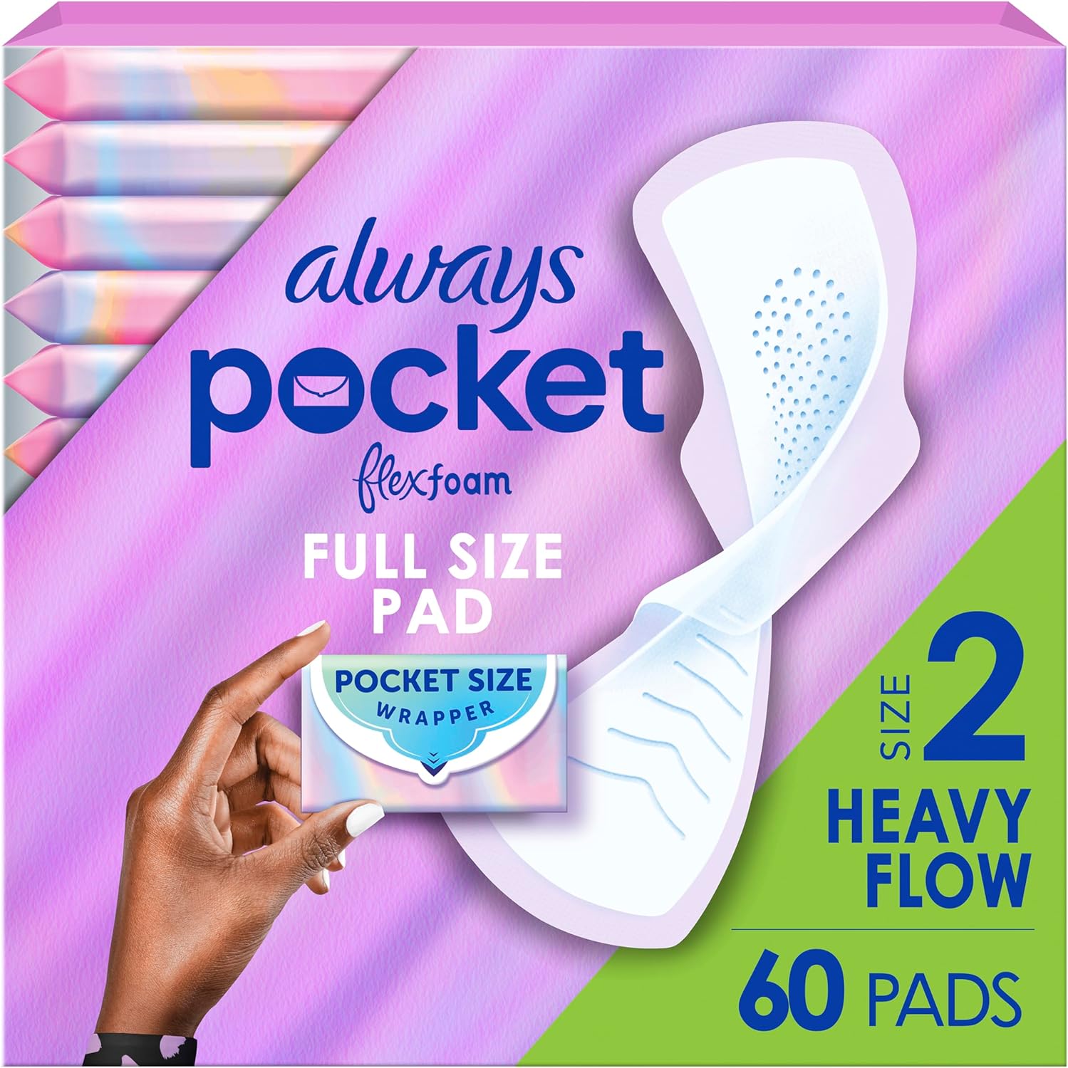 Always Pocket Feminine Pads with FlexFoam, Size 2, Heavy Flow, with Wings, Unscented, 60 Count (3 Packs of 20)