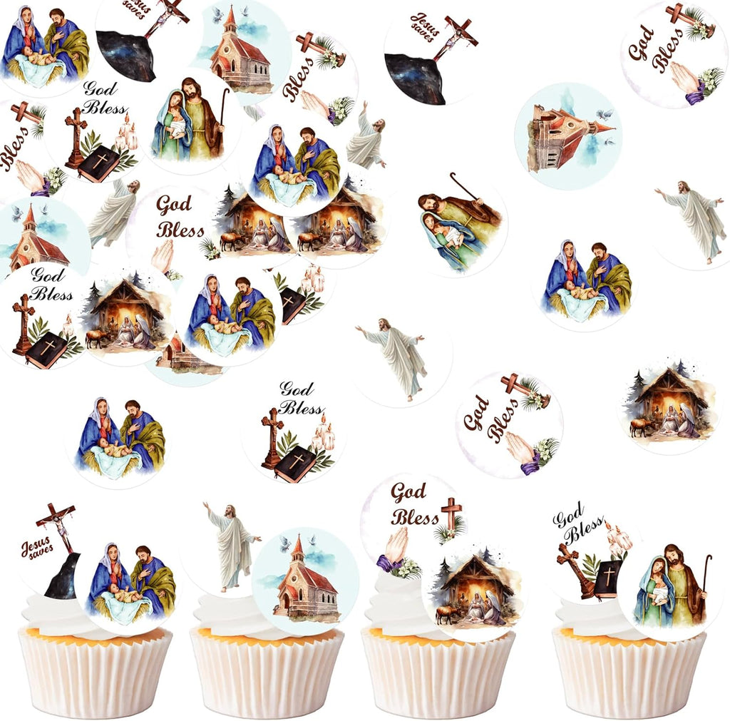24PCS Edible Christian Jesus Cupcake Toppers Edible Christ Blessed Cupcake Toppers Cross Religious Christianity Cake Decor for Christian Jesus Party BabyShower Baptism Cake Decor Supplies