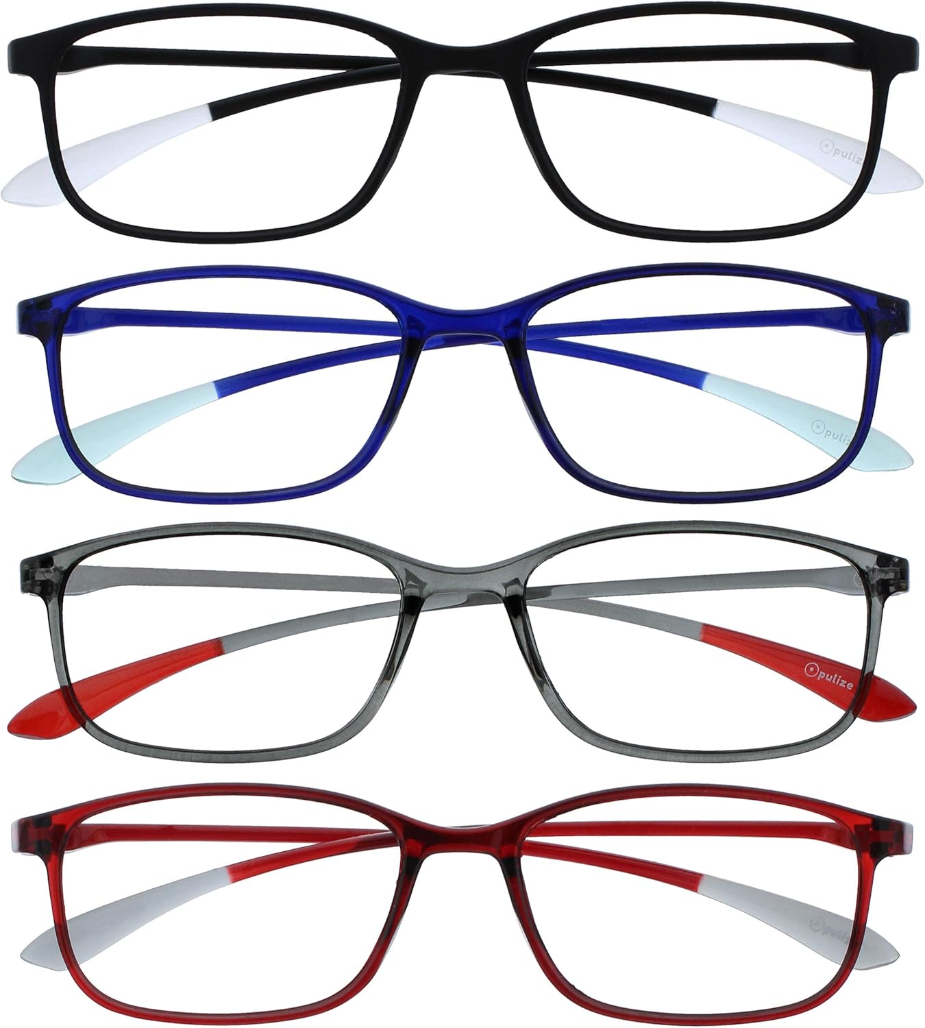 OPULIZE ICE Reading glasses for Women Men,Scratch Resistant Rectangular frame with Spring Hinges, Black,Dark Blue,Grey,Dark Red +3.5 (Pack of 4)