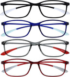 OPULIZE ICE Reading glasses for Women Men,Scratch Resistant Rectangular frame with Spring Hinges, Black,Dark Blue,Grey,Dark Red +1 (Pack of 4)