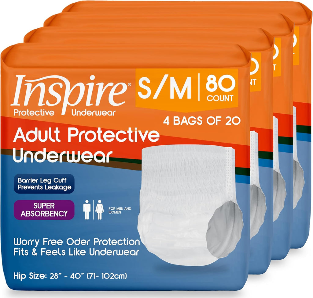 Inspire Protective Underwear for Men and Women | Adult Diapers | Bowel Incontinence Under wear for Adults | Disposable Pull Ups - 4 Bags of 20 | 80 Total (Small/Medium)