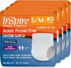 Inspire Protective Underwear for Men and Women | Adult Diapers | Bowel Incontinence Under wear for Adults | Disposable Pull Ups - 4 Bags of 20 | 80 Total (Small/Medium)