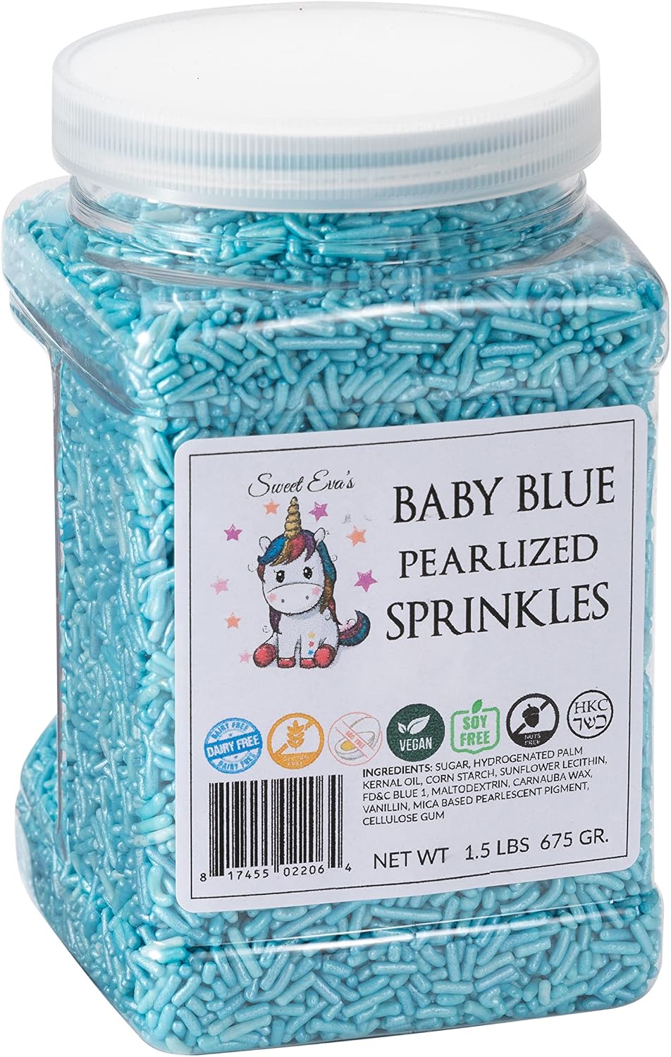 Sweet Eva’s BABY BLUE PEARLIZED SPRINKLES-Cake Decorating Jimmies, Cupcake,Cookies, and Cake Topper, Bulk Candy, Large, 1.5 LBS. Egg Free, Dairy Free, Gluten Free, Vegan, Soy Free, Nuts Free, Kosher