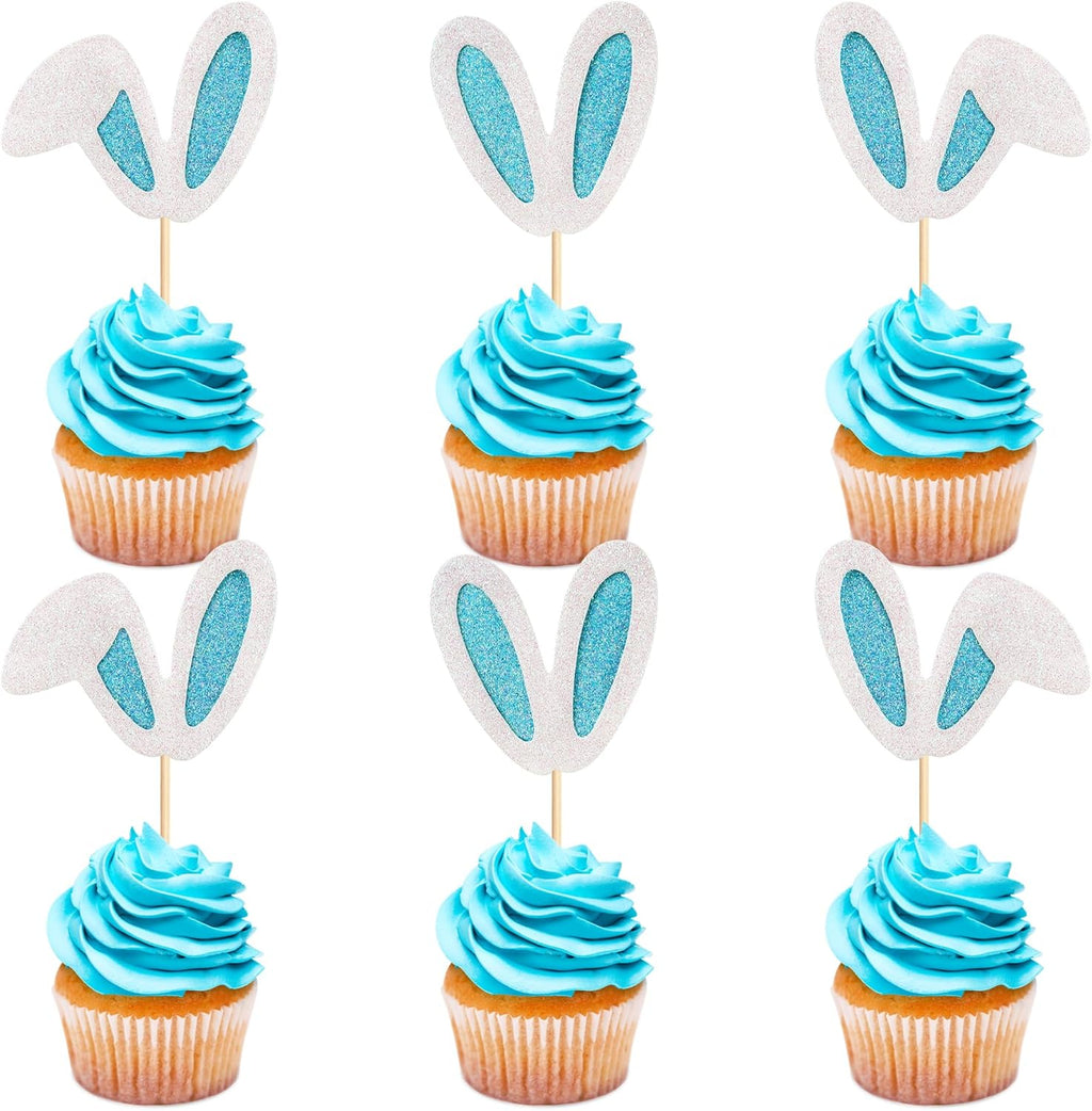 Ercadio 24 Pack Easter Bunny Ear Cupcake Toppers Glitter Blue White Rabbit Ears Cupcake Picks Easter Bunny Cupcake Toppers Rabbit Cake Toppers for Kids Boys Birthday Baby Shower Party Supplies