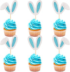Ercadio 24 Pack Easter Bunny Ear Cupcake Toppers Glitter Blue White Rabbit Ears Cupcake Picks Easter Bunny Cupcake Toppers Rabbit Cake Toppers for Kids Boys Birthday Baby Shower Party Supplies