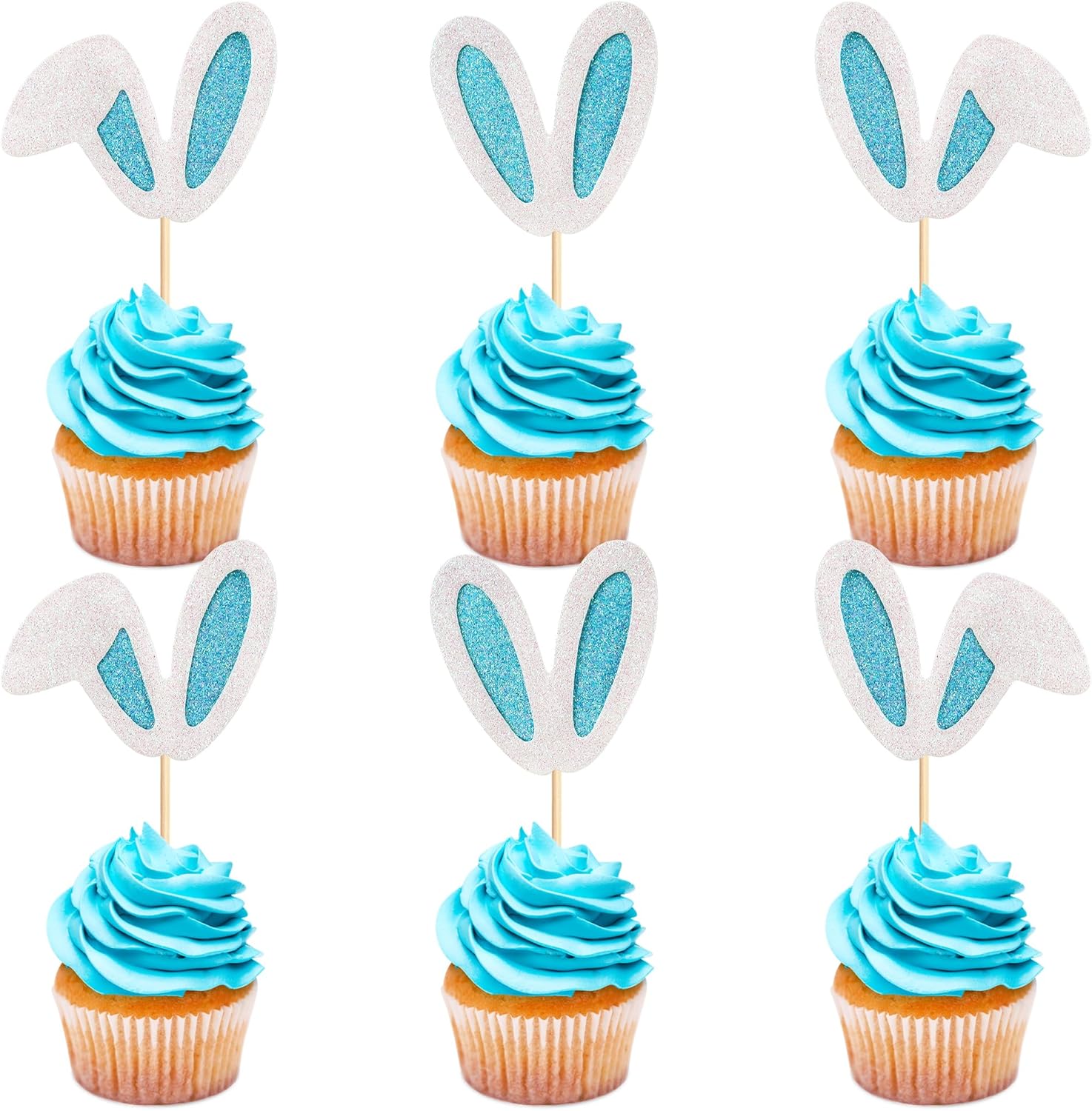 Ercadio 24 Pack Easter Bunny Ear Cupcake Toppers Glitter Blue White Rabbit Ears Cupcake Picks Easter Bunny Cupcake Toppers Rabbit Cake Toppers for Kids Boys Birthday Baby Shower Party Supplies