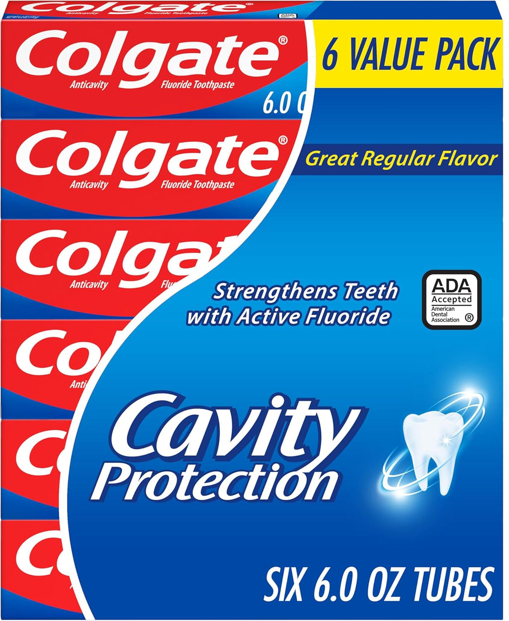 Colgate Cavity Protection Toothpaste with Fluoride, Minty Great Regular Flavor, Anti Cavity Toothpaste, 6 Pack, 6 Oz Tubes