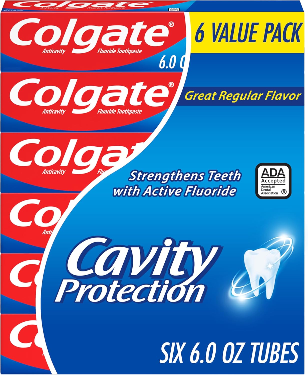 Colgate Cavity Protection Toothpaste with Fluoride, Minty Great Regular Flavor, Anti Cavity Toothpaste, 6 Pack, 6 Oz Tubes