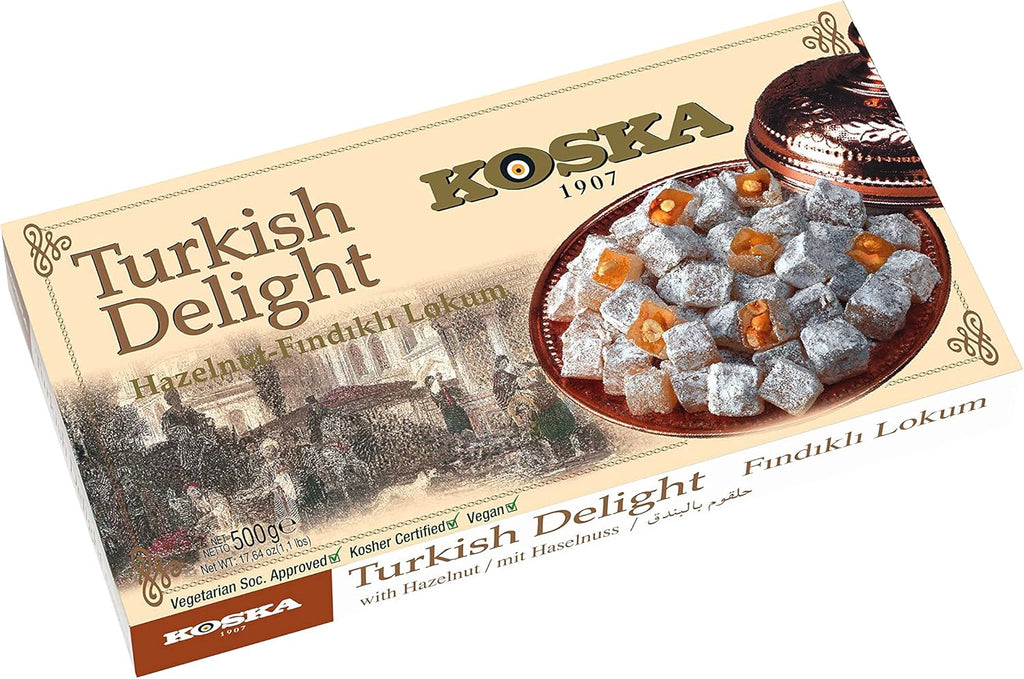 Koska Turkish Delight with Hazelnut, 17.64 oz 1.10 Ibs 500 gr Traditional Turkish Lokum by Koska | Vegan, Kosher and Halal Certified