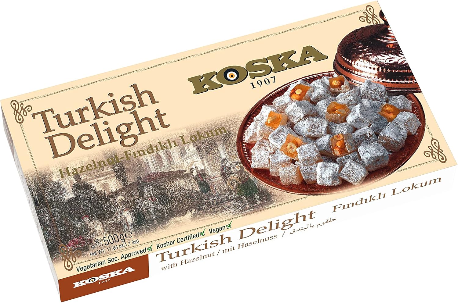 Koska Turkish Delight with Hazelnut, 17.64 oz 1.10 Ibs 500 gr Traditional Turkish Lokum by Koska | Vegan, Kosher and Halal Certified