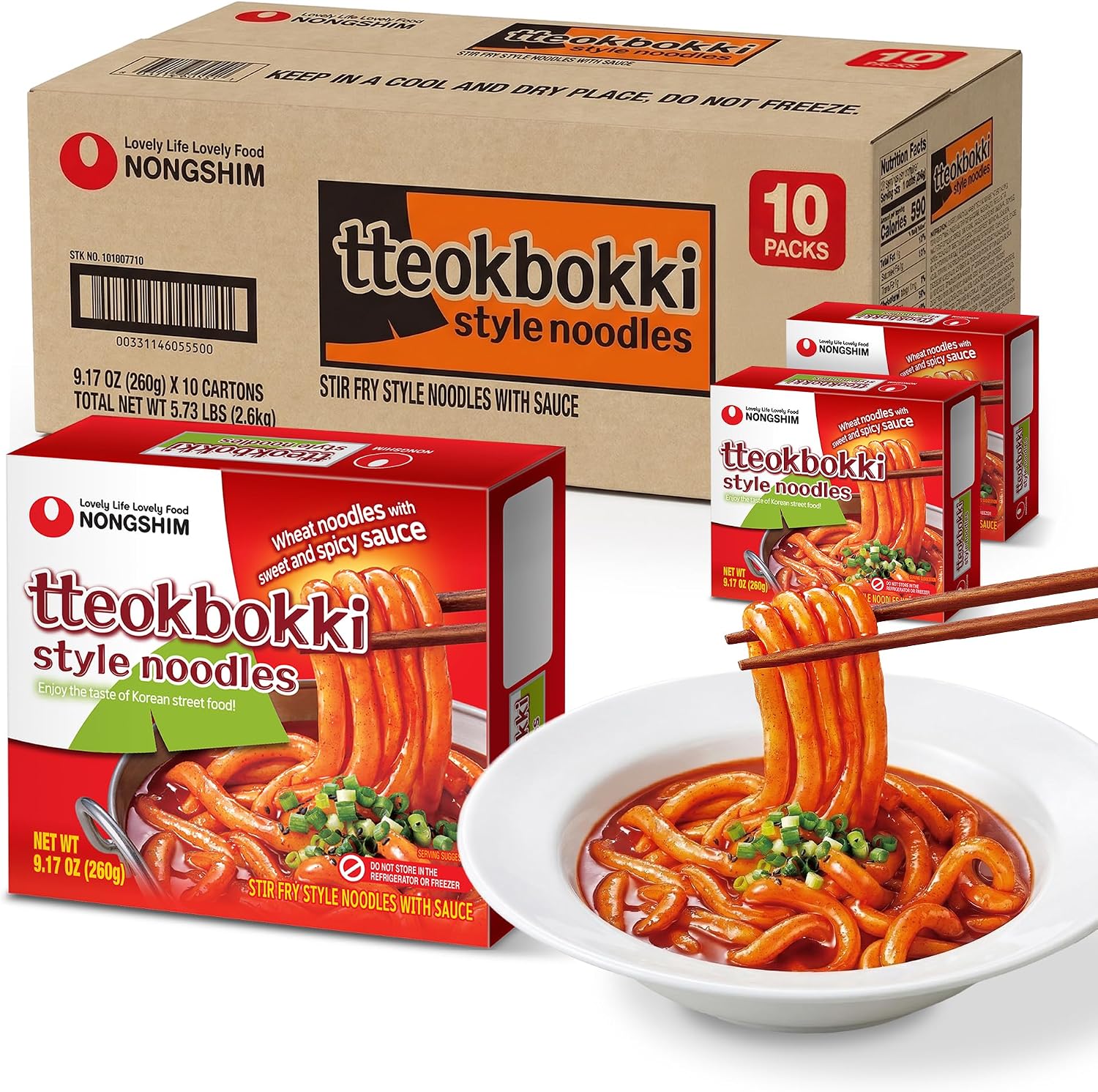 Nongshim Tteokbokki Style Noodles, Sweet and Spicy Sauce, Korean Instant Noodles, Wheat Stir Fry Style Noodles, Korean Street Food-Inspired Flavor, 9.17 oz (Pack of 10)