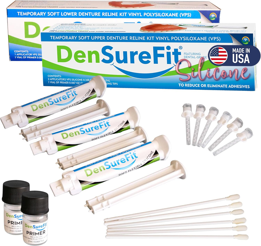 Densurefit Silicone Kit for Upper and Lower Denture, 3-6 Month Soft Silicone Dentures Repair Set to Refit and Tighten, Easy to Use Reline Set with Larger Primer and Applicators for Comfortable Fit