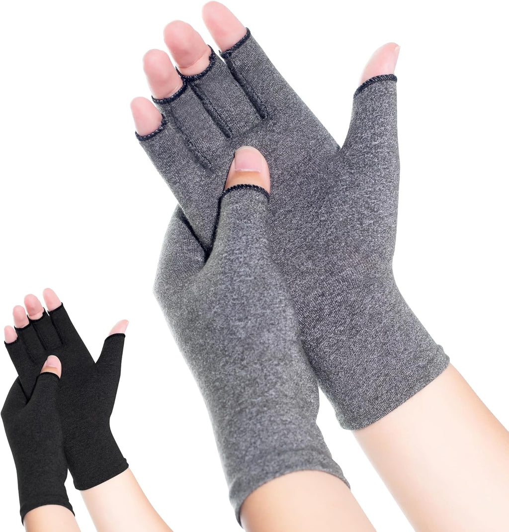 Compression Arthritis Gloves, 2 Pairs Fingerless Hand Support Wrist Brace for Men & Women, Carpal Tunnel Pain Relief Gloves for Rheumatoid, Tendonitis, Swelling (Black and Grey, Small)