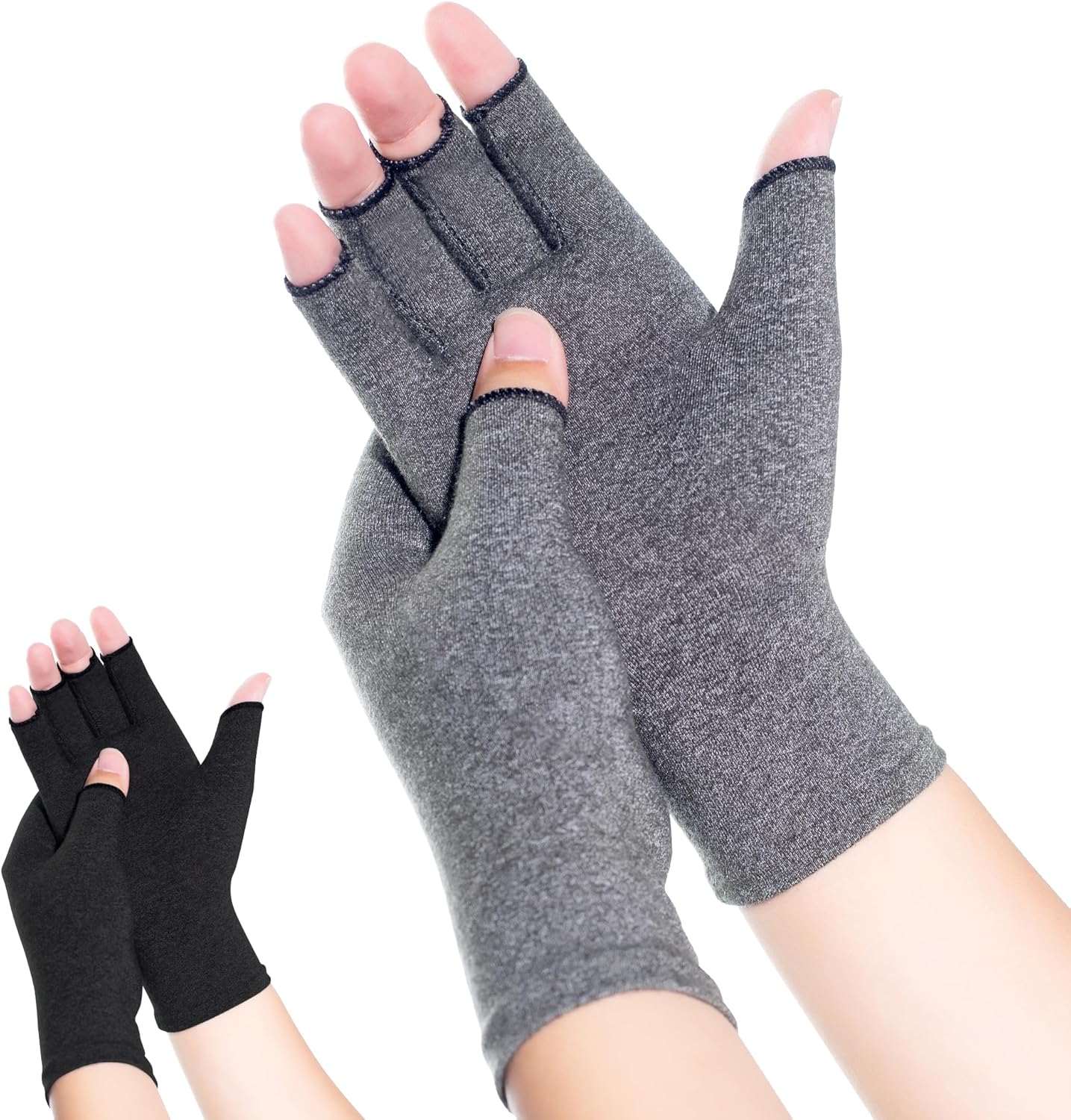 Compression Arthritis Gloves, 2 Pairs Fingerless Hand Support Wrist Brace for Men & Women, Carpal Tunnel Pain Relief Gloves for Rheumatoid, Tendonitis, Swelling (Black and Grey, Small)