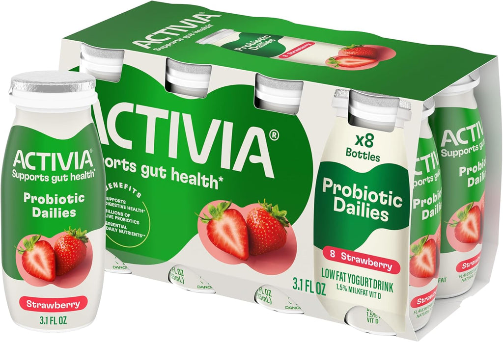 Activia Probiotic Dailies Strawberry Low Fat Yogurt Drinks, Delicious Daily Probiotic Yogurt Drinks to Help Support Gut Health, 3.1 fl oz, 8 count