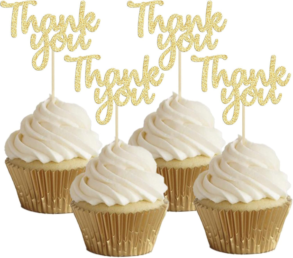 Gyufise 36Pcs Gold Glitter Thank You Cupcake Toppers Thank You Cupcake Picks for Birthday Anniversary Thanksgiving Day Wedding Bridal Party Decoration Supplies