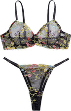Sexy Floral Embroidered Flower Mesh Underwire Push Up Lingerie Set