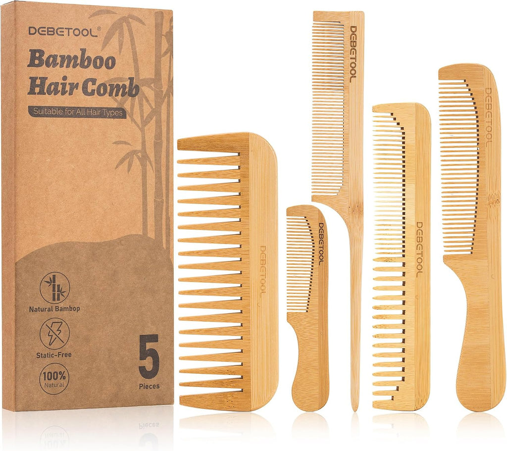 DEBETOOL 5 Pieces Bamboo Comb Set - Natural Wooden Combs for Women Hair Growth, Anti-Static Wood Comb for Curly/Thick Hair Daily Use