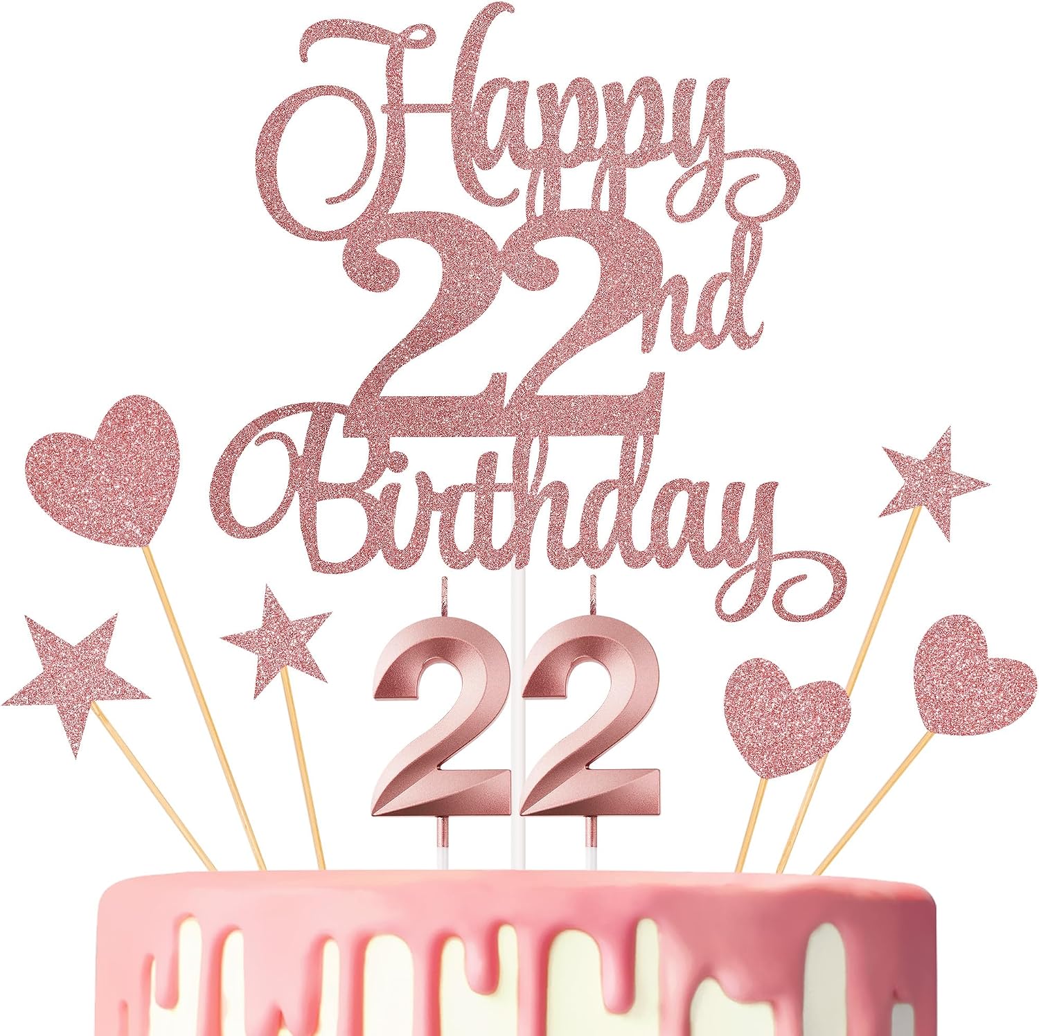 22nd Birthday Cake Toppers, 22nd Birthday Candles Numeral Candles and Glitter Cake Decorations Toppers Set for Party Supplies (Rose Gold)