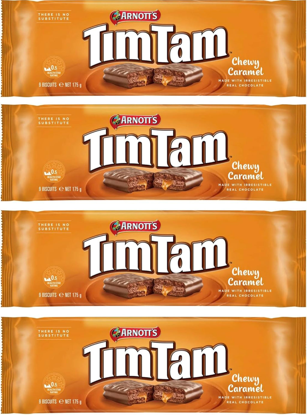 Arnott’s Tim Tam Chewy Caramel Chocolate Biscuits – 4 Pack (175g Each) – Made in Australia – Classic Australian Treat