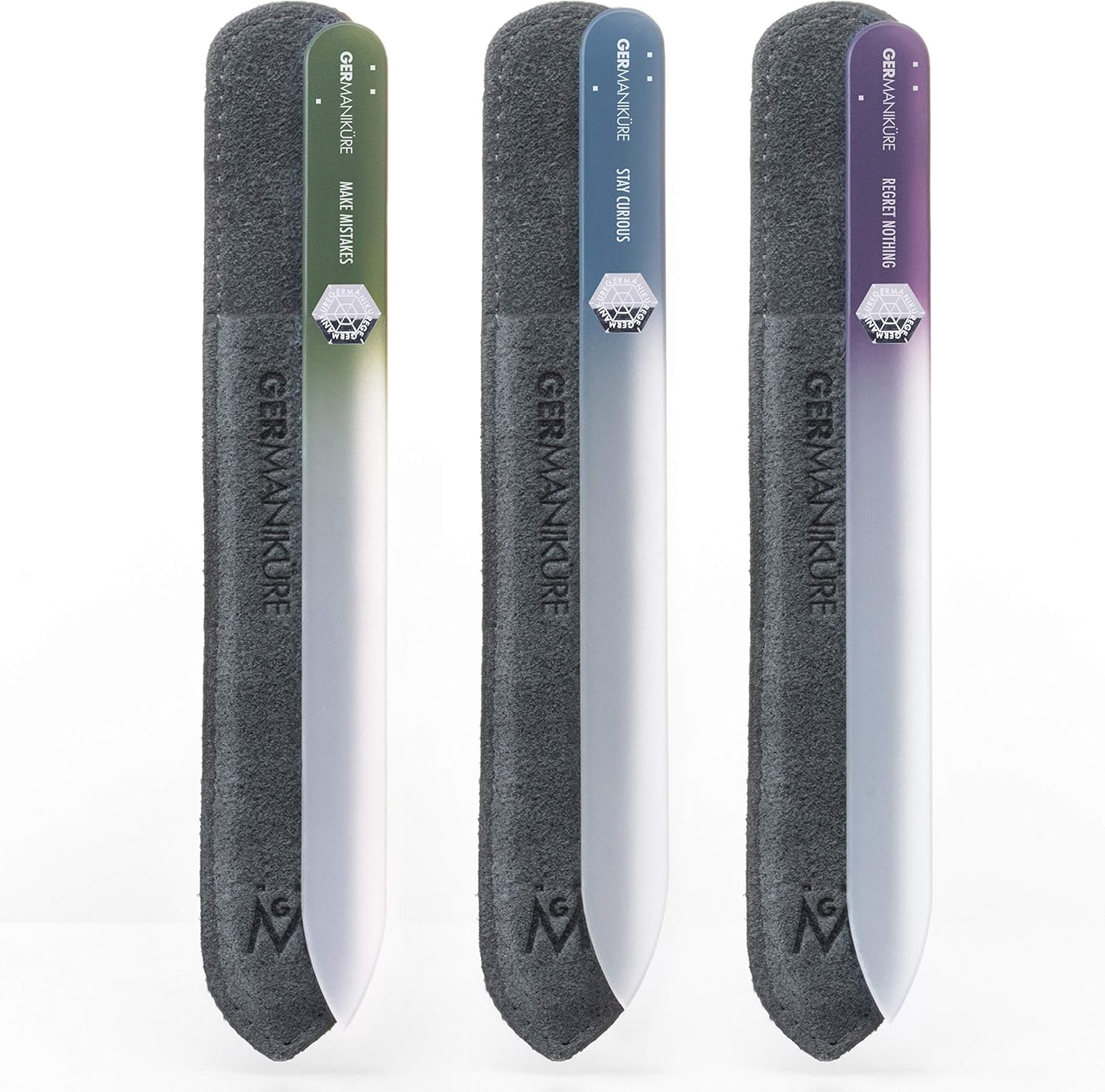 GERMANIKURE Czech Crystal Glass Nail File 3 Pack in Suede Sleeves - Professional Manicure & Pedicure Products for Smooth Easy Shaping of Natural Nails - Ideal Nail Care Gift